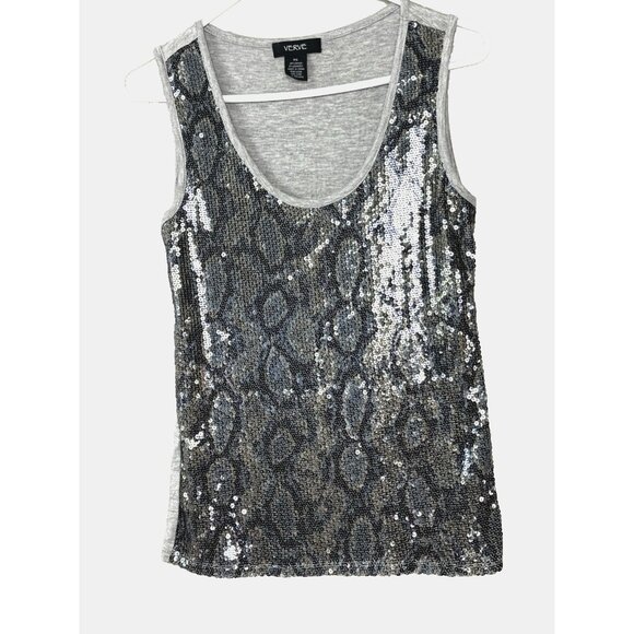 VTG Verve Y2K Sequin Animal Print Tank Top Petite S Partycore Glam McBling Club - Picture 1 of 11